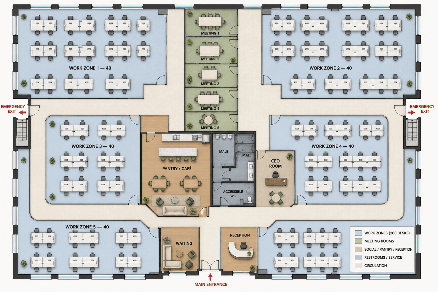 Finished client plan: five work zones of forty desks, five meeting rooms, CEO room, pantry cafe, reception and waiting area, with a legend.