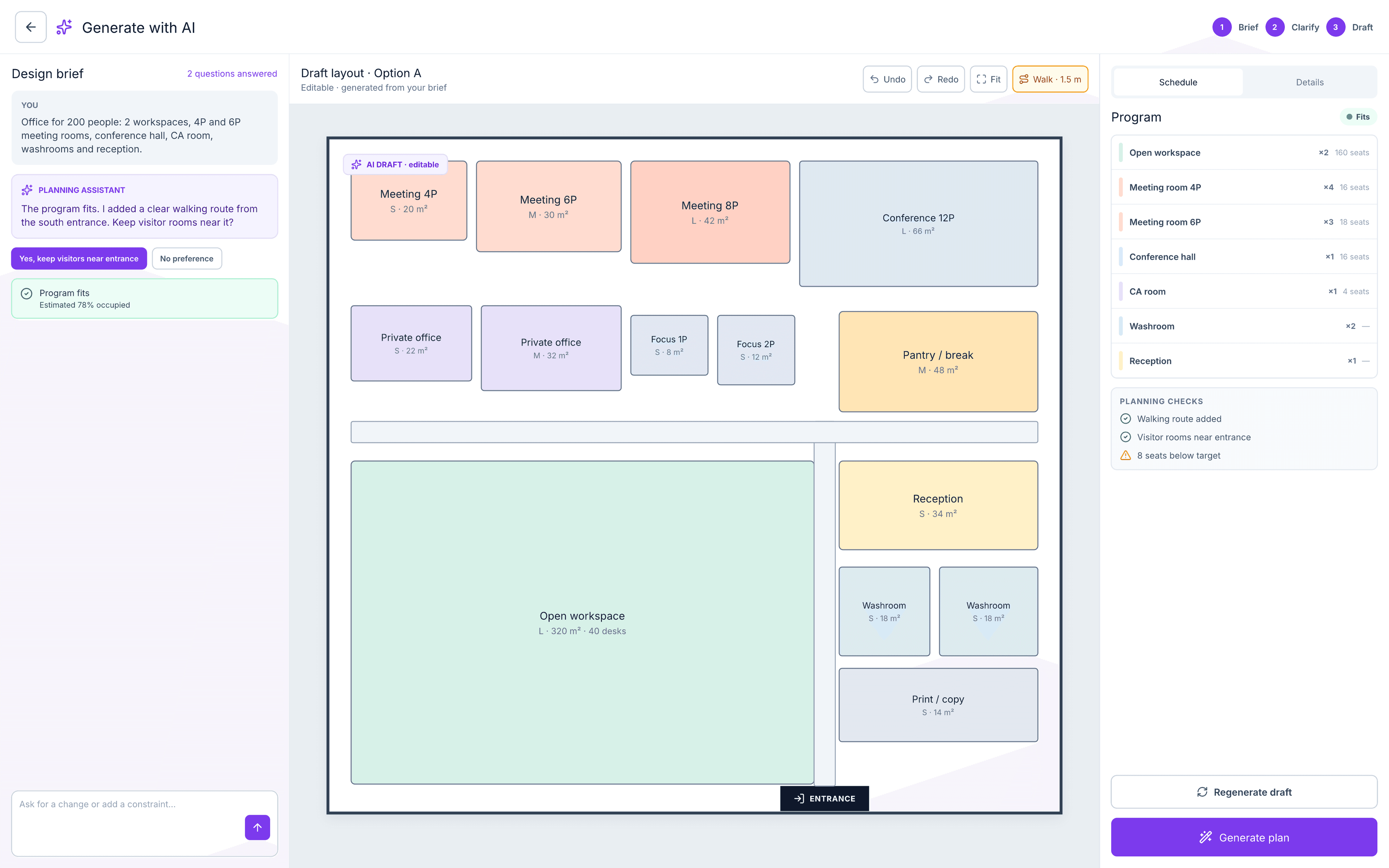 Generate with AI: a design brief for a 200-person office turned into an editable draft layout, with a planning assistant asking a clarifying question and a program schedule on the right.