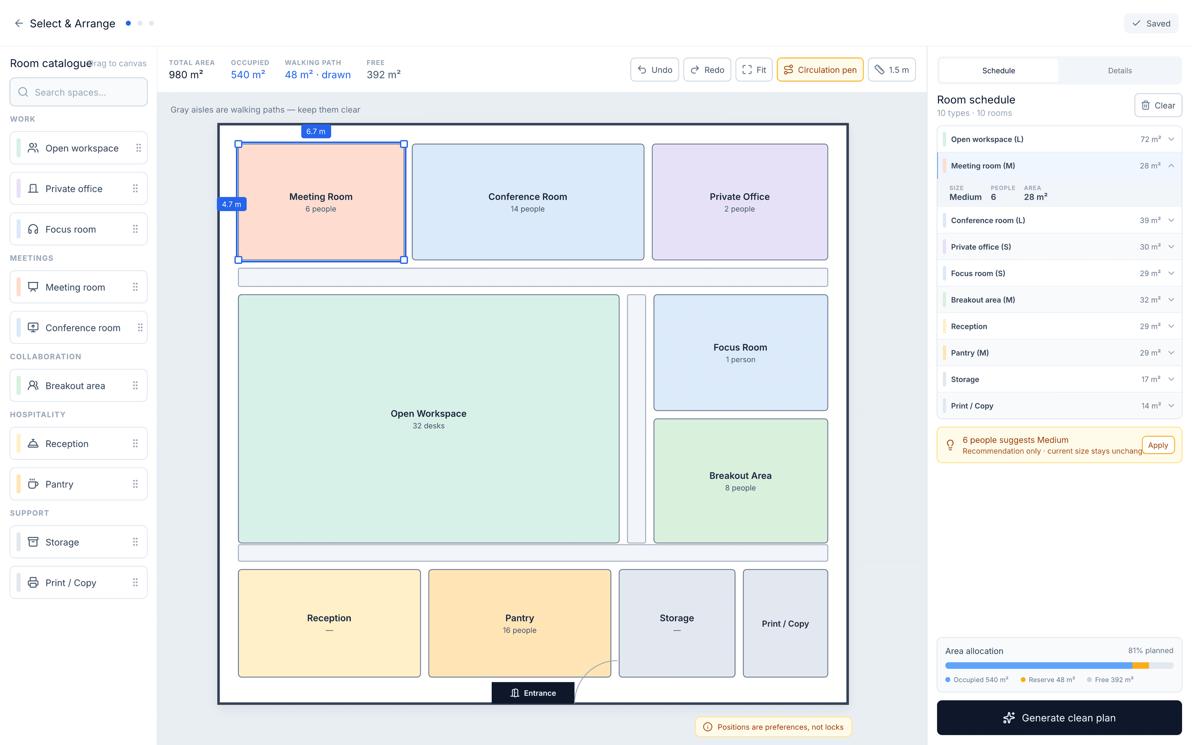 Select and arrange: rooms dragged from a catalogue onto the floor plate, with total area, occupied area and walking paths measured live, and a room schedule on the right.